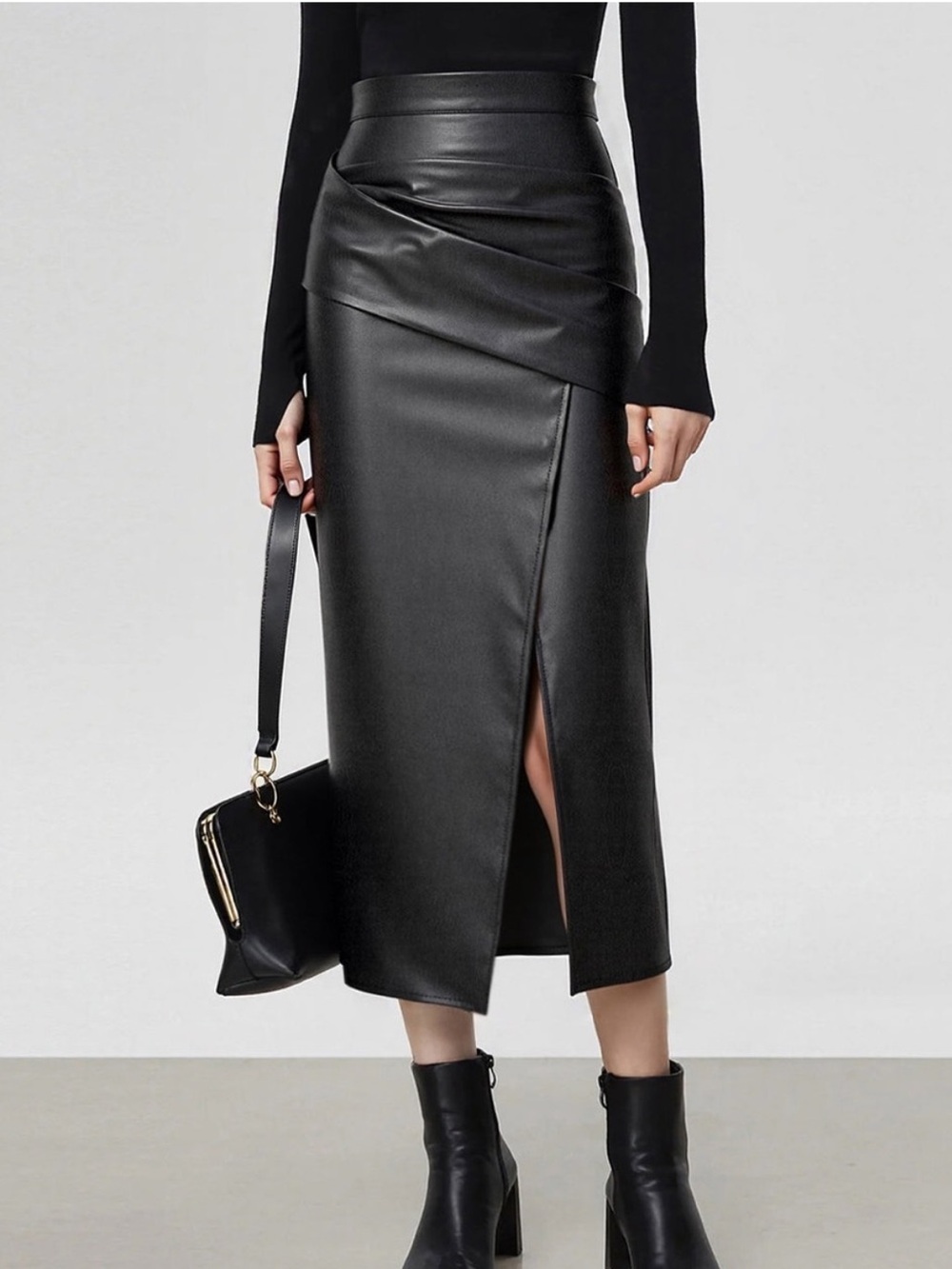 Commense High-Waist Black Faux Leather Midi Skirt with Front Slit